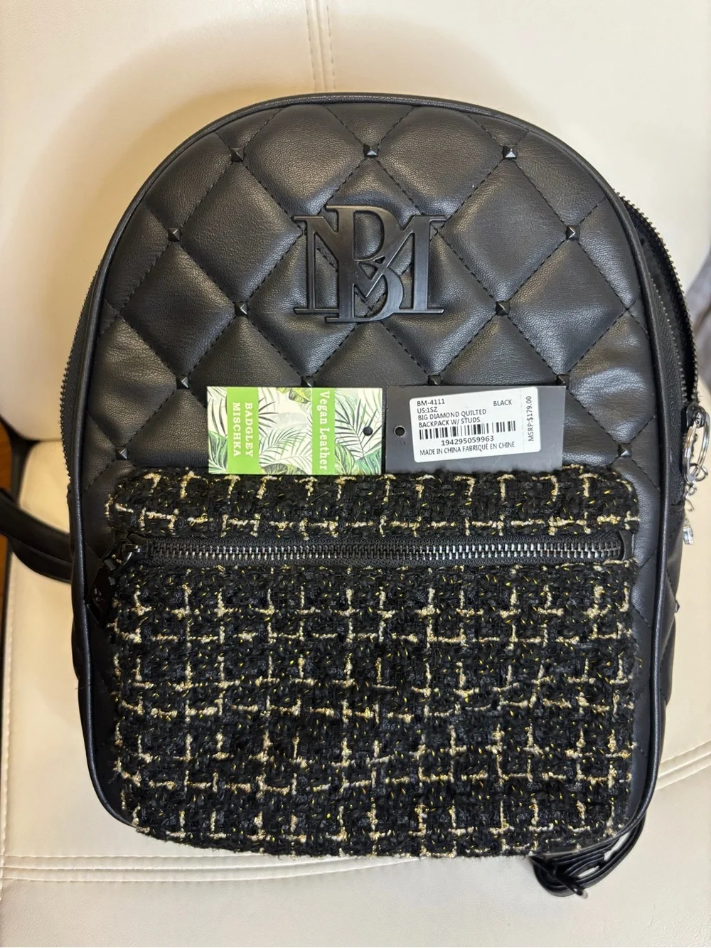 Badgley Mischka Black Quilted Vegan Leather & Tweed Mini Backpack